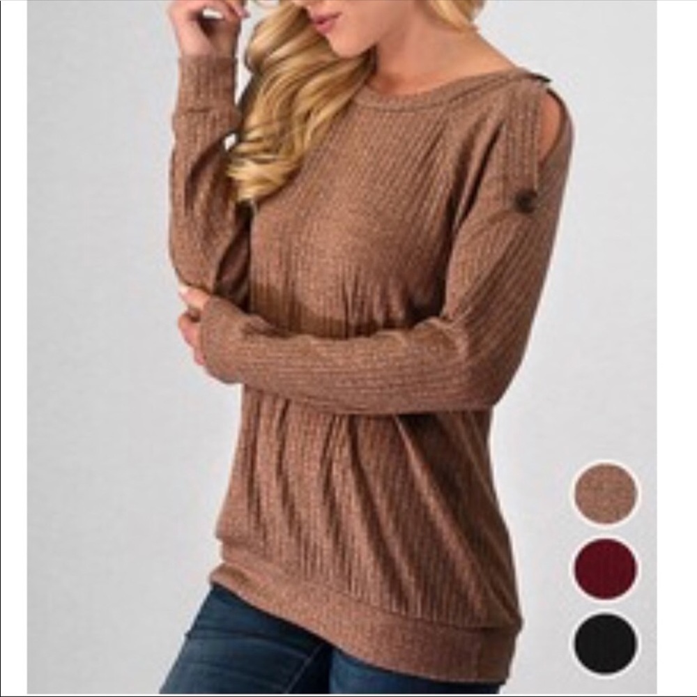 Ribbed Knit Cold Shoulder Top - Picture 2 of 2